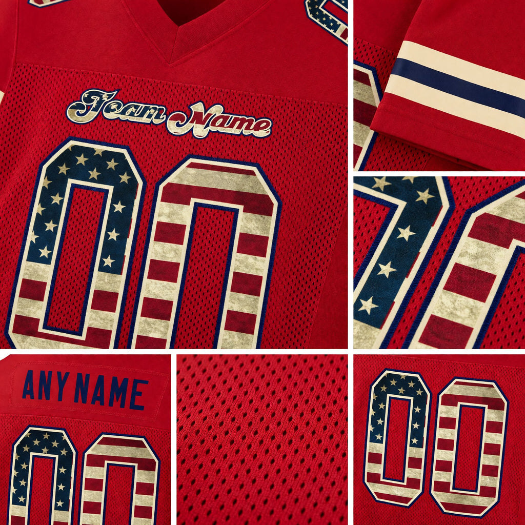 Custom Red Vintage USA Flag-Cream Mesh Authentic Football Jersey detail