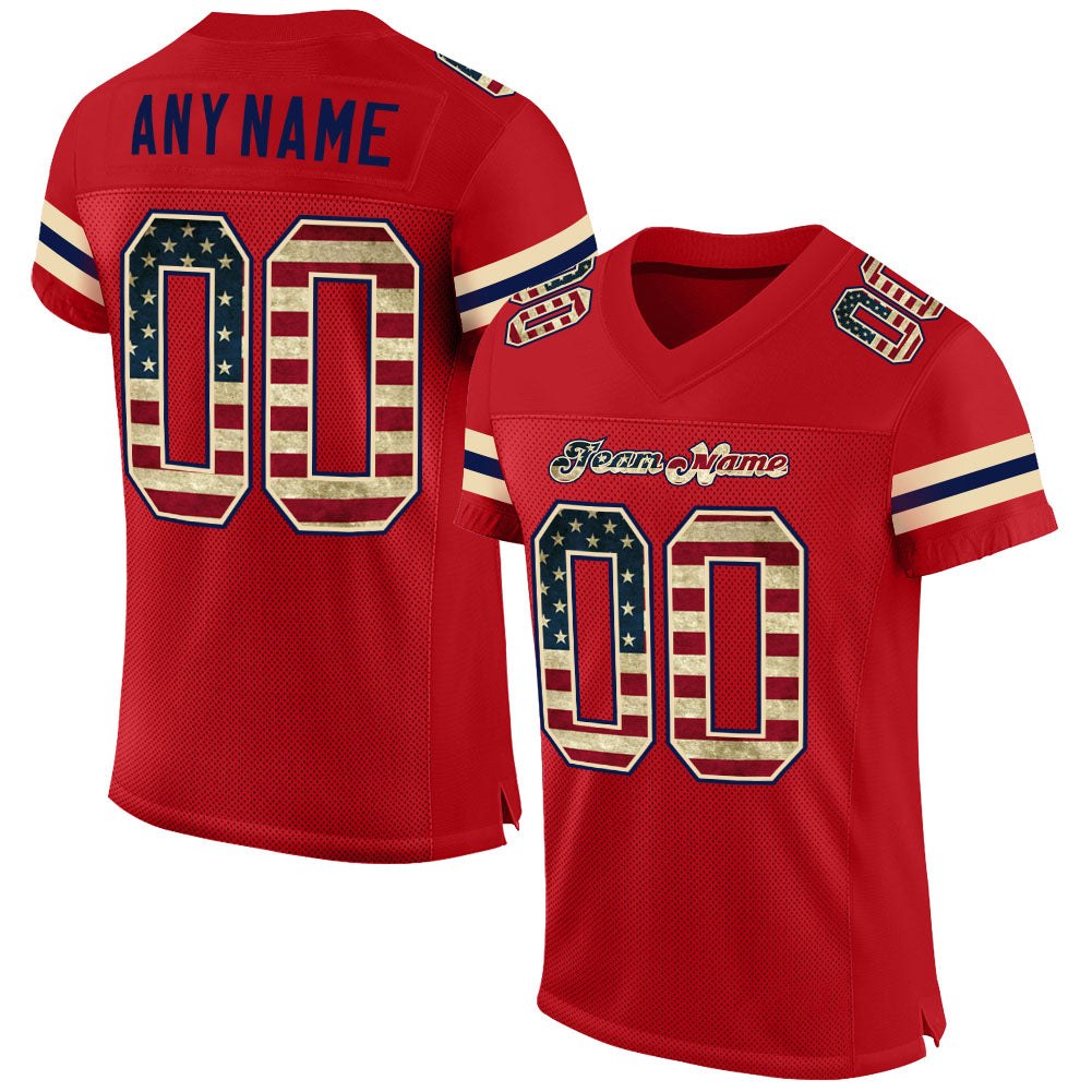 Custom Red Vintage USA Flag-Cream Mesh Authentic Football Jersey photo 1