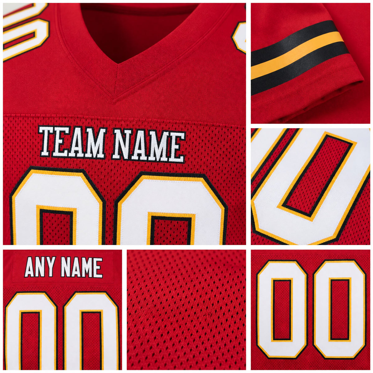 Custom Red White-Gold Mesh Authentic Football Jersey detail