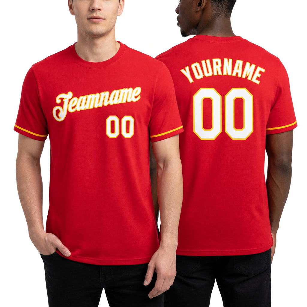 Custom Red White-Gold Performance T-Shirt worn front and back
