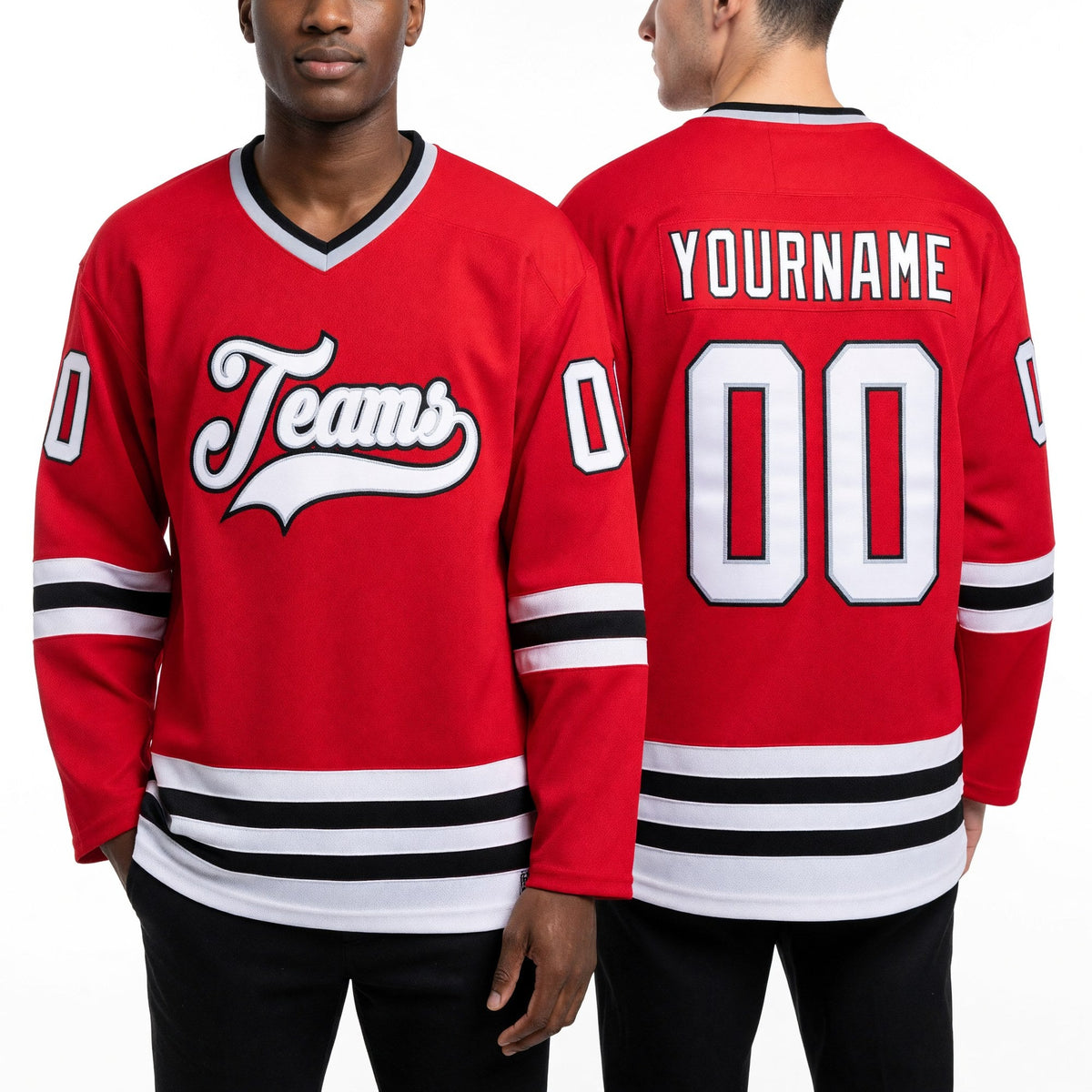 Custom Red White-Gray Hockey Jersey worn front and back