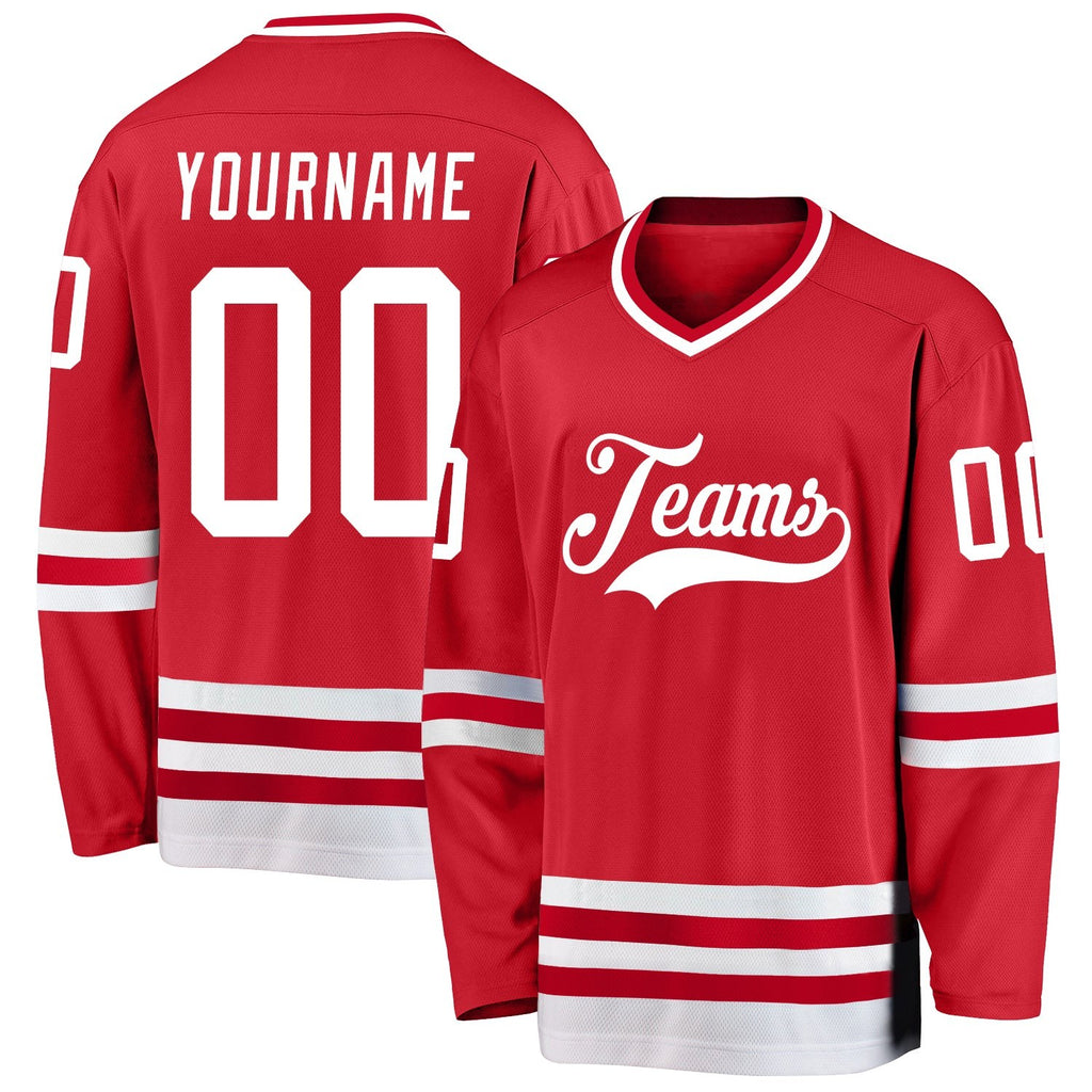 Custom Red White Hockey Jersey photo 1