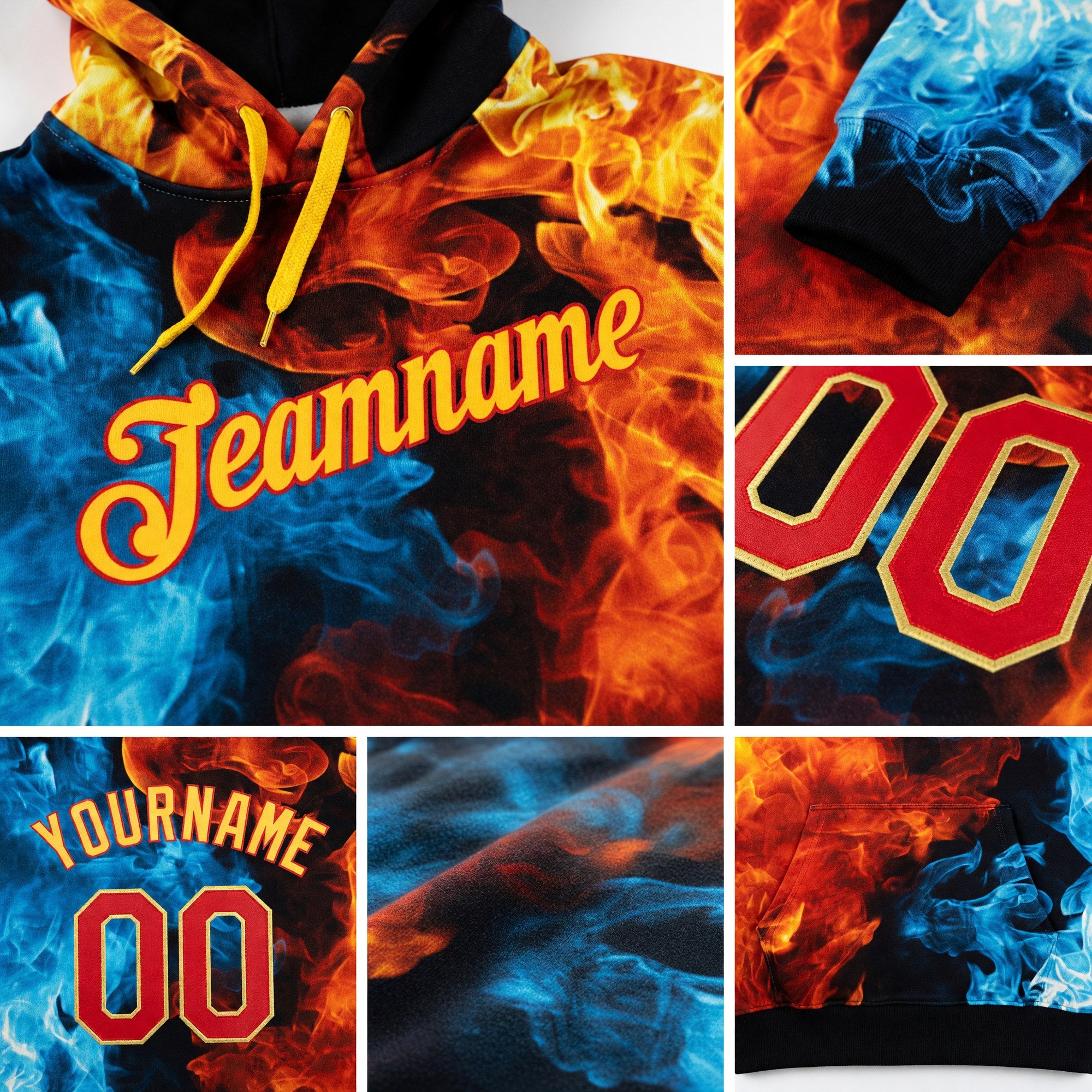 Custom Stitched Red Red-Gold 3D Pattern Design Flame Sports Pullover Sweatshirt Hoodie detail