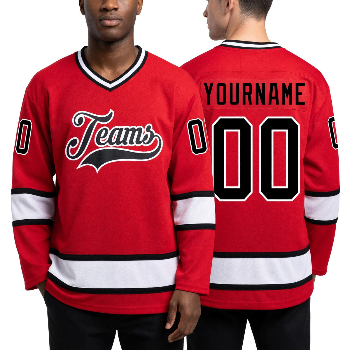 Custom Red Black-White Hockey Jersey worn front and back