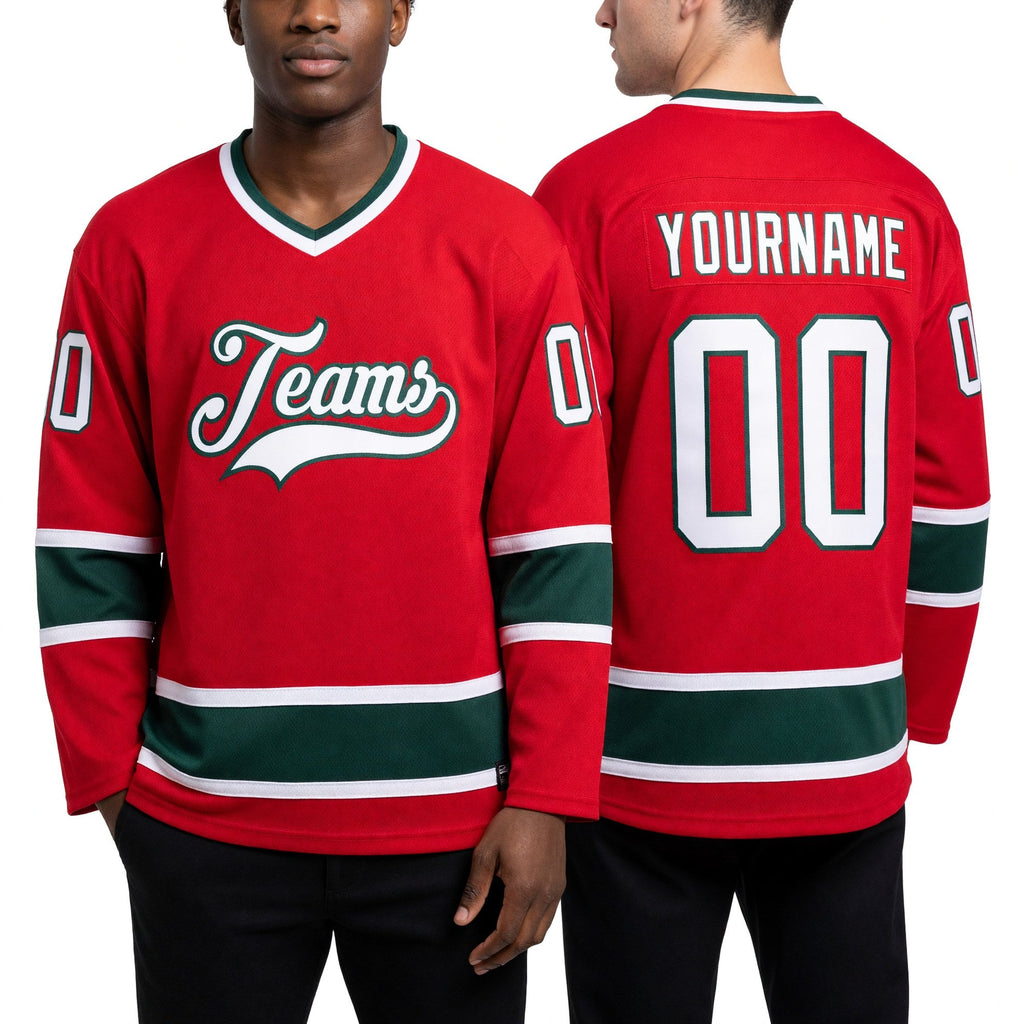 Custom Red White-Green Hockey Jersey worn front and back