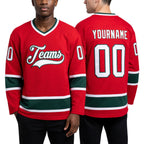 Custom Red White-Green Hockey Jersey worn front and back