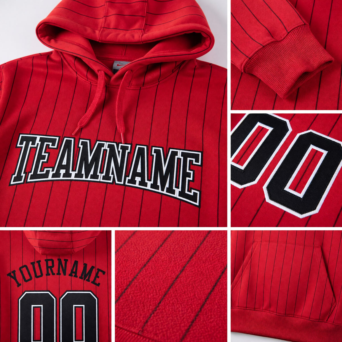 Custom Stitched Red Black Pinstripe Black-White Sports Pullover Sweatshirt Hoodie detail