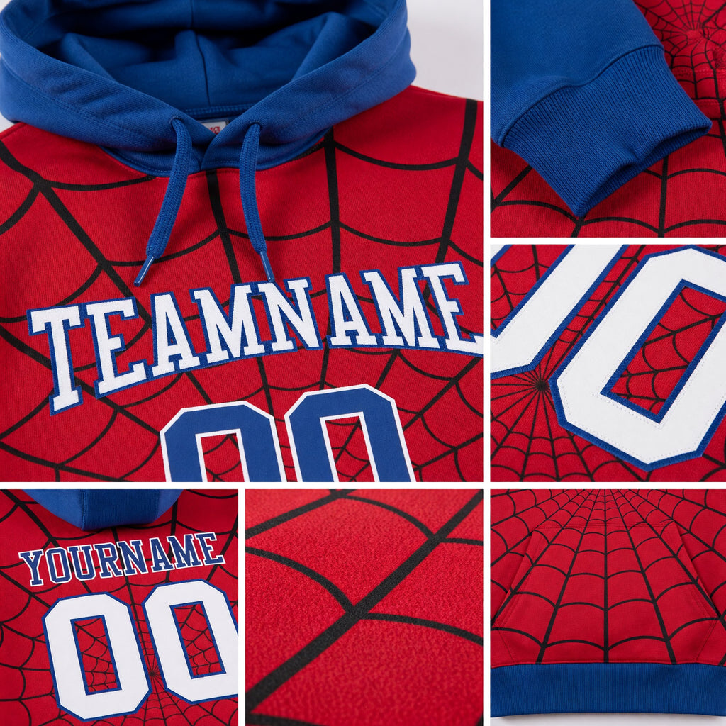 Custom Stitched Red White-Royal 3D Pattern Design Spider Sports Pullover Sweatshirt Hoodie detail