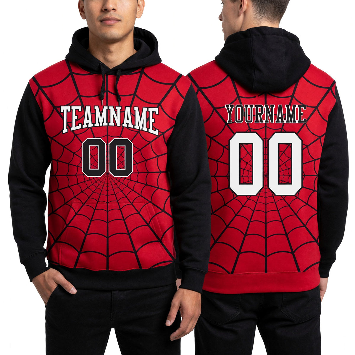 Custom Stitched Red White-Black 3D Pattern Design Spider Sports Pullover Sweatshirt Hoodie worn front and back