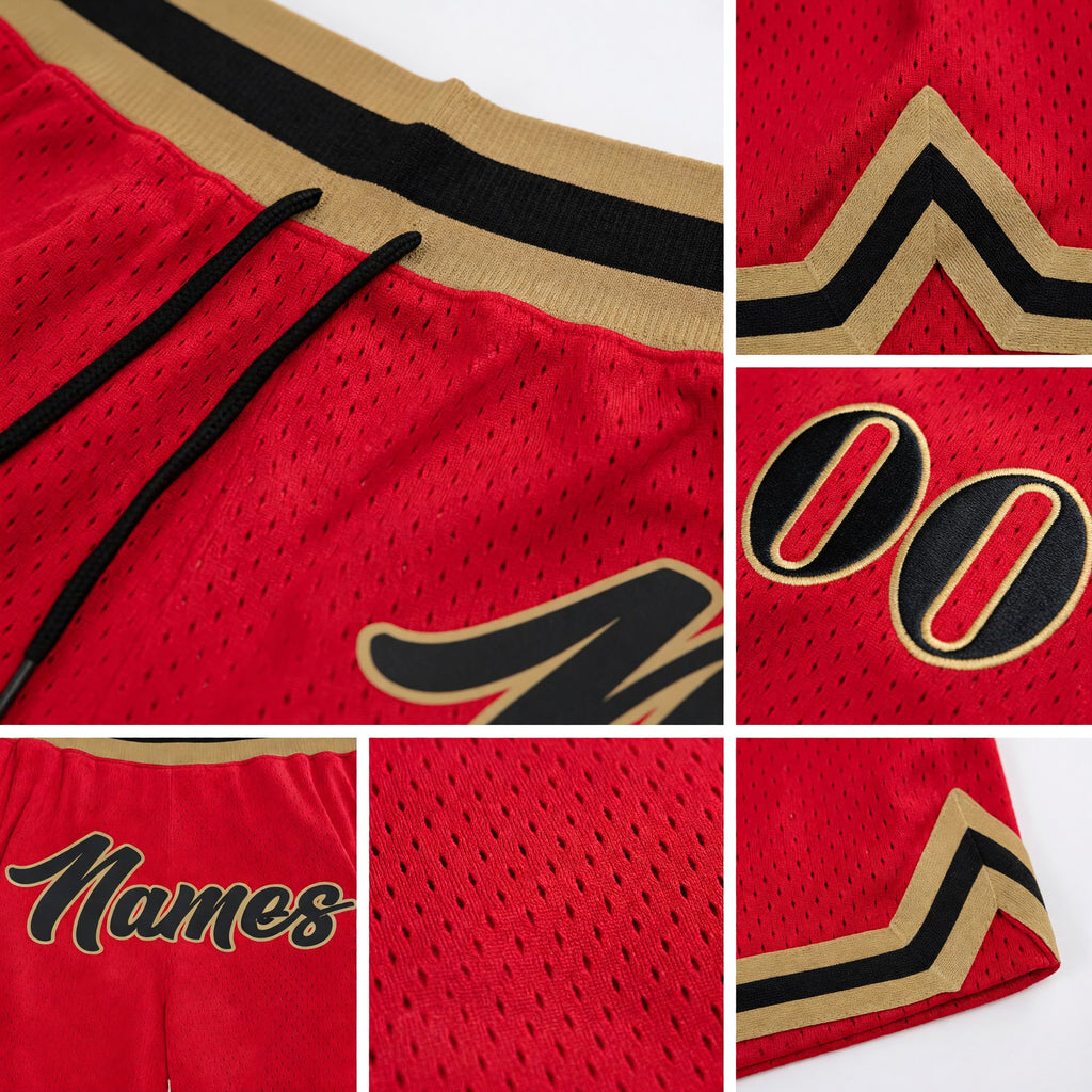 Custom Red Black-Old Gold Authentic Throwback Basketball Shorts detail