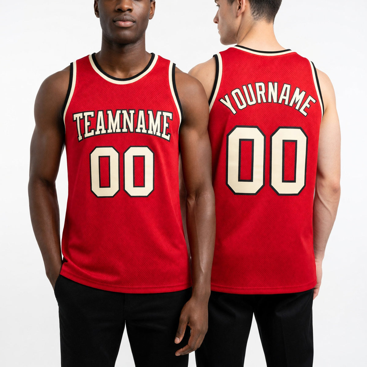 Custom Red Cream-Black Authentic Throwback Basketball Jersey worn front and back