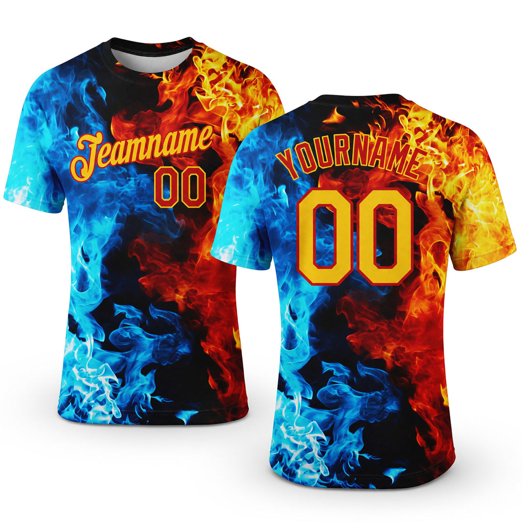 Custom Red Gold-Red 3D Pattern Design Flame Performance T-Shirt