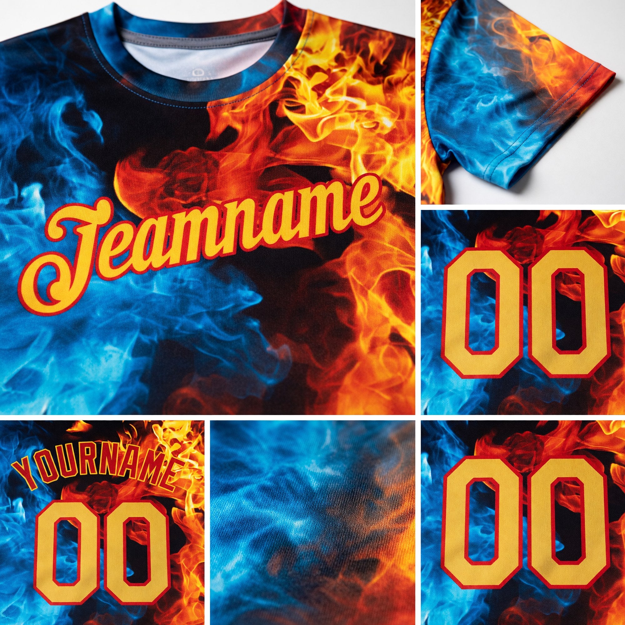 Custom Red Gold-Red 3D Pattern Design Flame Performance T-Shirt detail