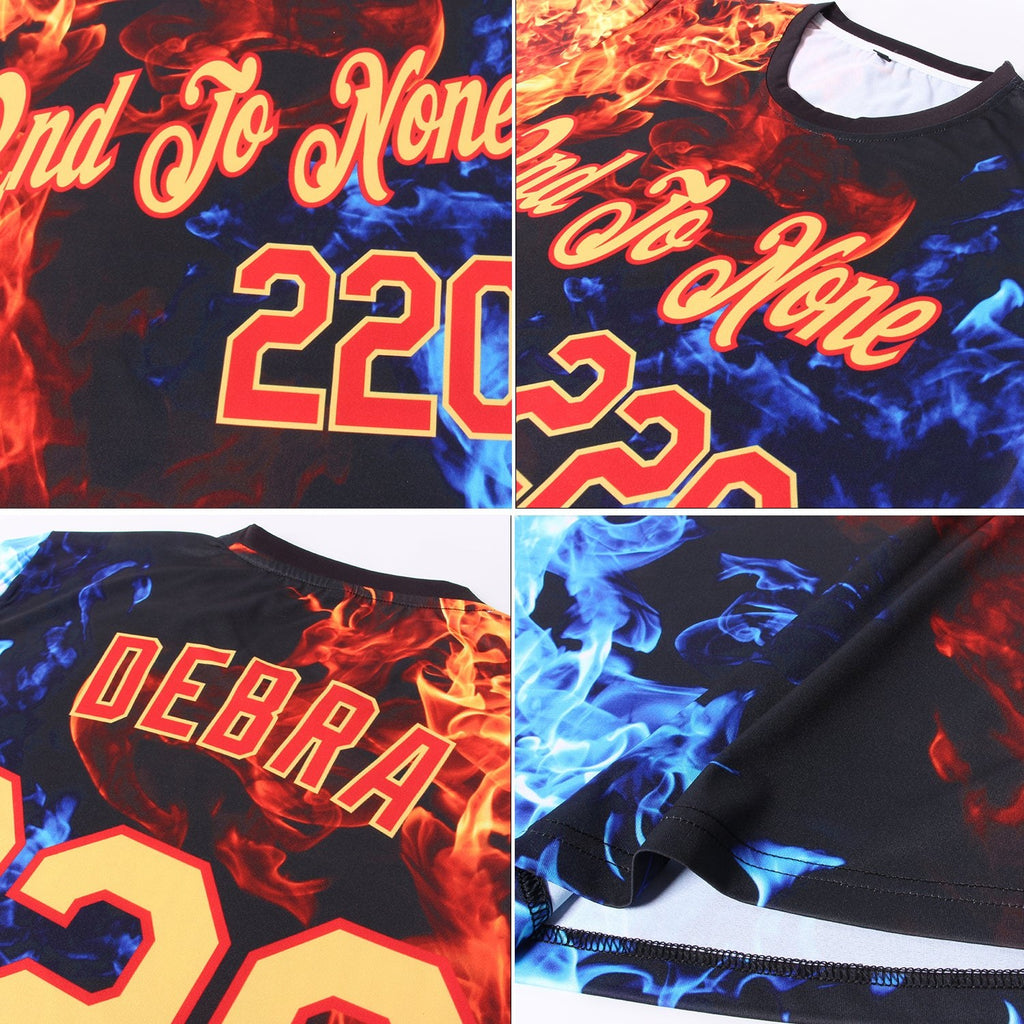 Custom Red Gold-Red 3D Pattern Design Flame Performance T-Shirt photo 1