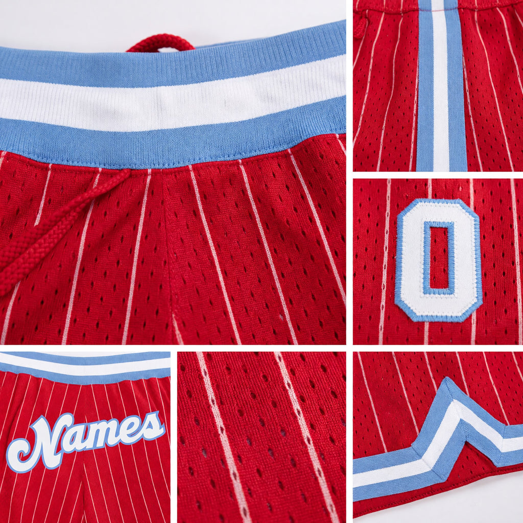 Custom Red White Pinstripe White-Light Blue Authentic Basketball Shorts detail