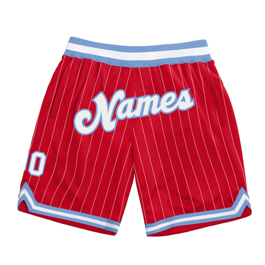 Custom Red White Pinstripe White-Light Blue Authentic Basketball Shorts photo 1