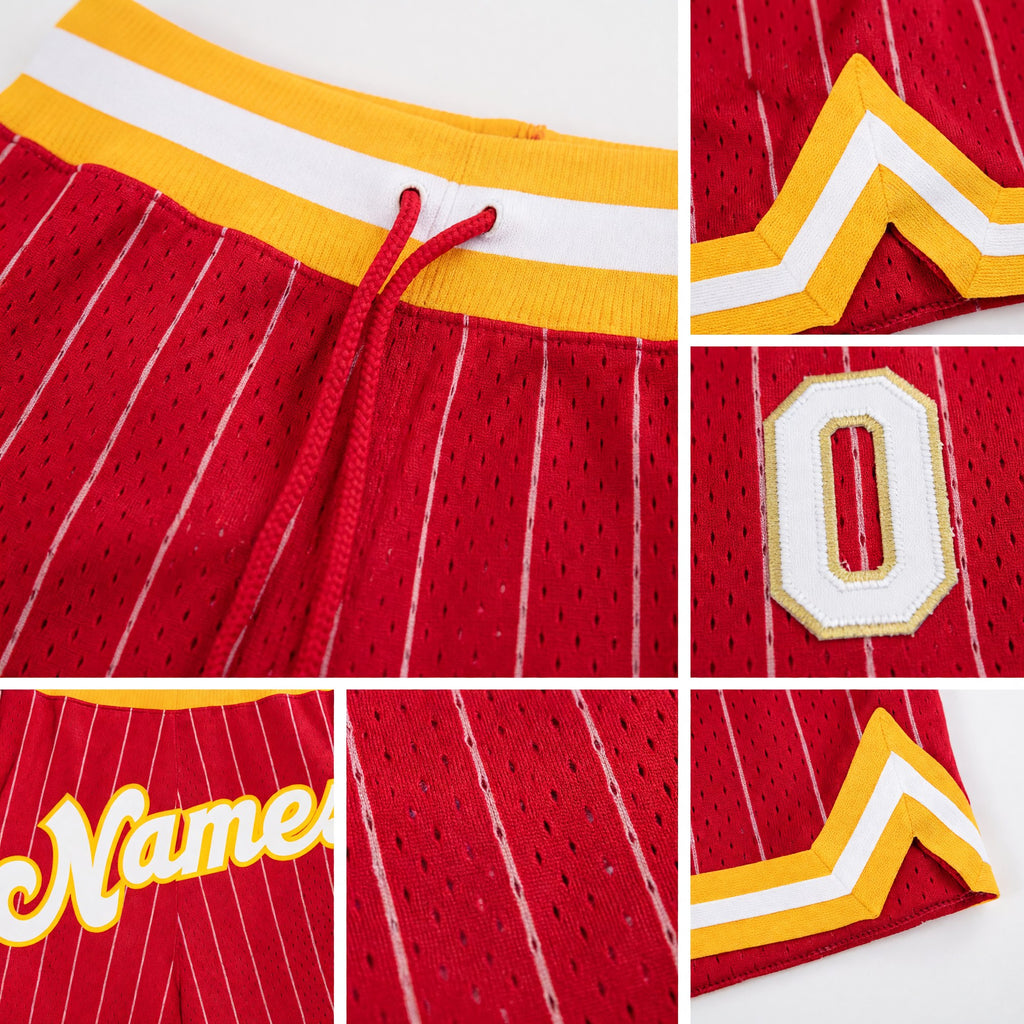 Custom Red White Pinstripe White-Gold Authentic Basketball Shorts detail