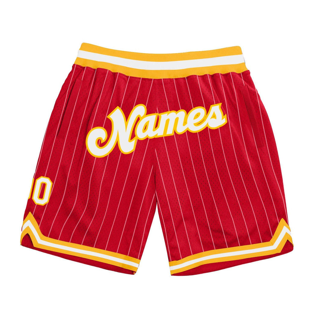 Custom Red White Pinstripe White-Gold Authentic Basketball Shorts photo 1