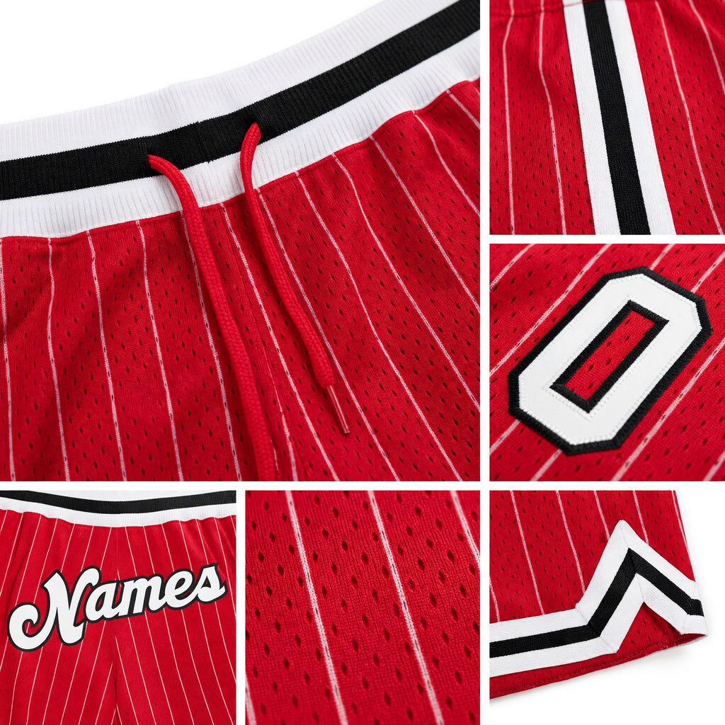 Custom Red White Pinstripe White-Black Authentic Basketball Shorts detail