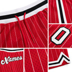 Custom Red White Pinstripe White-Black Authentic Basketball Shorts detail