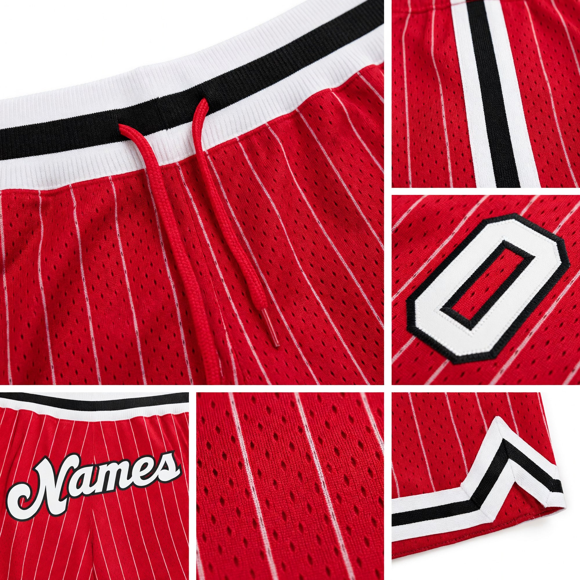 Custom Red White Pinstripe White-Black Authentic Basketball Shorts detail