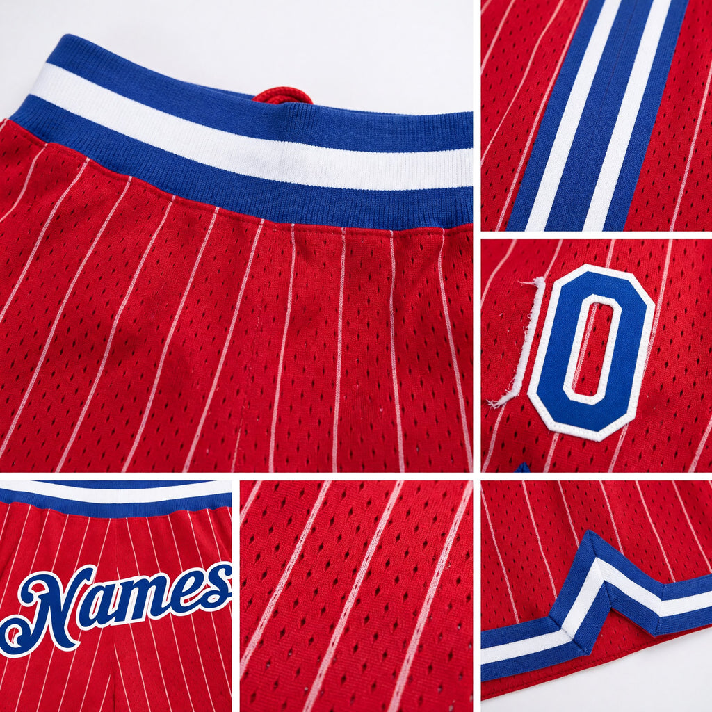 Custom Red White Pinstripe Royal-White Authentic Basketball Shorts detail