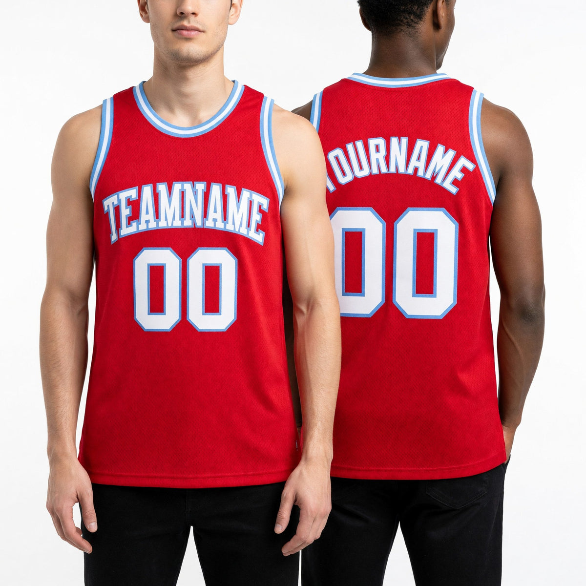 Custom Red White-Light Blue Authentic Throwback Basketball Jersey worn front and back
