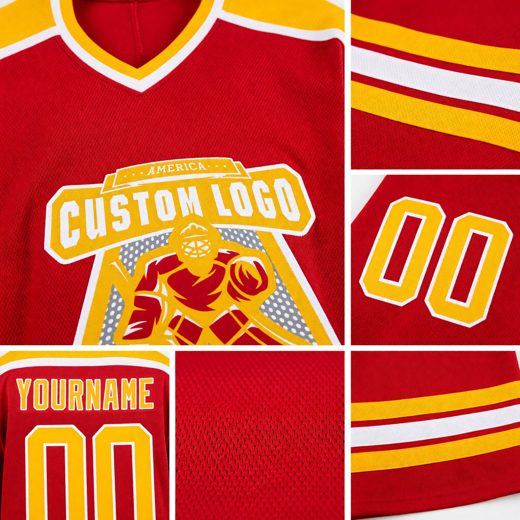 Custom Red Gold-White Hockey Jersey detail
