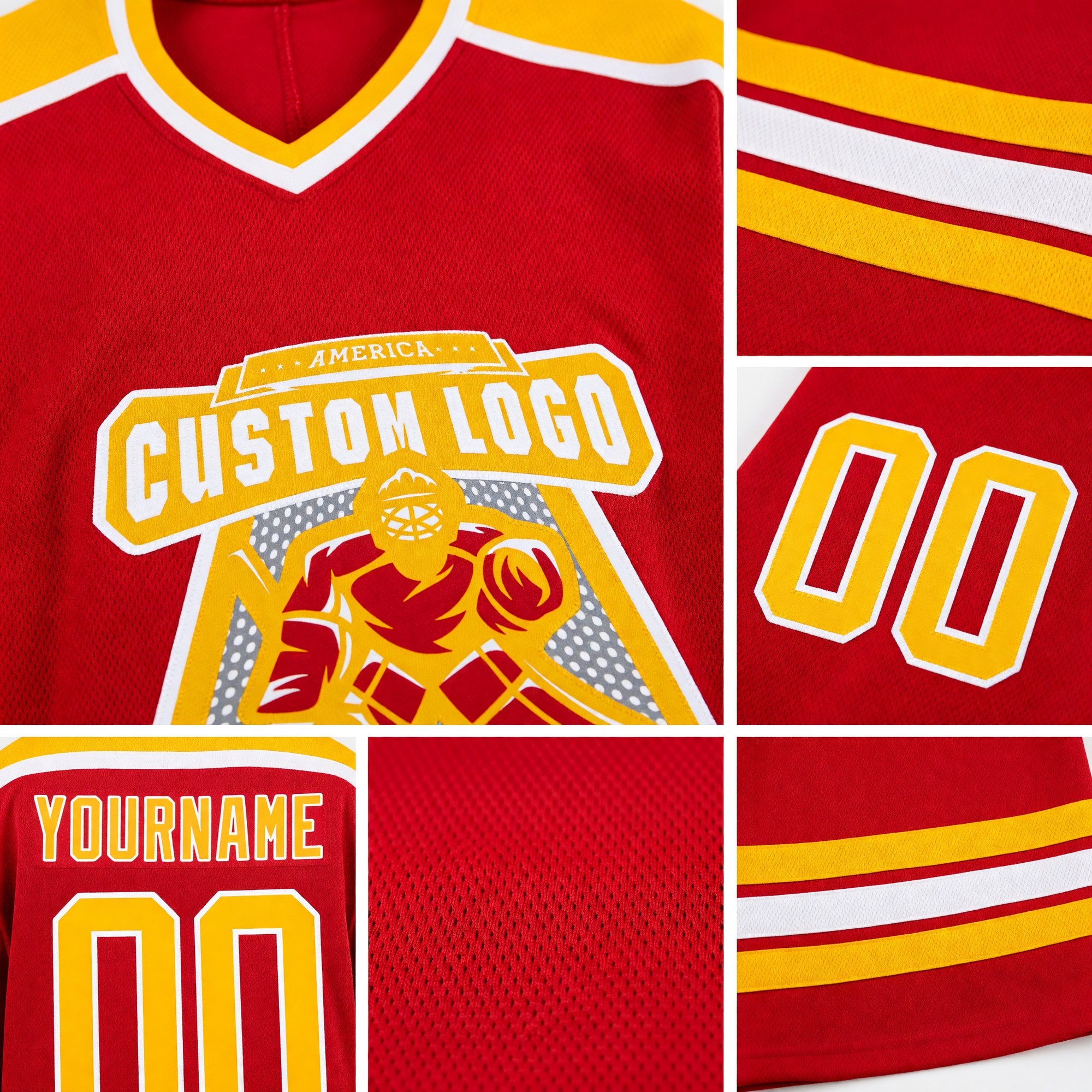 Custom Red Gold-White Hockey Jersey detail