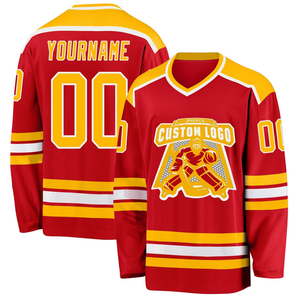 Custom Red Gold-White Hockey Jersey photo 1