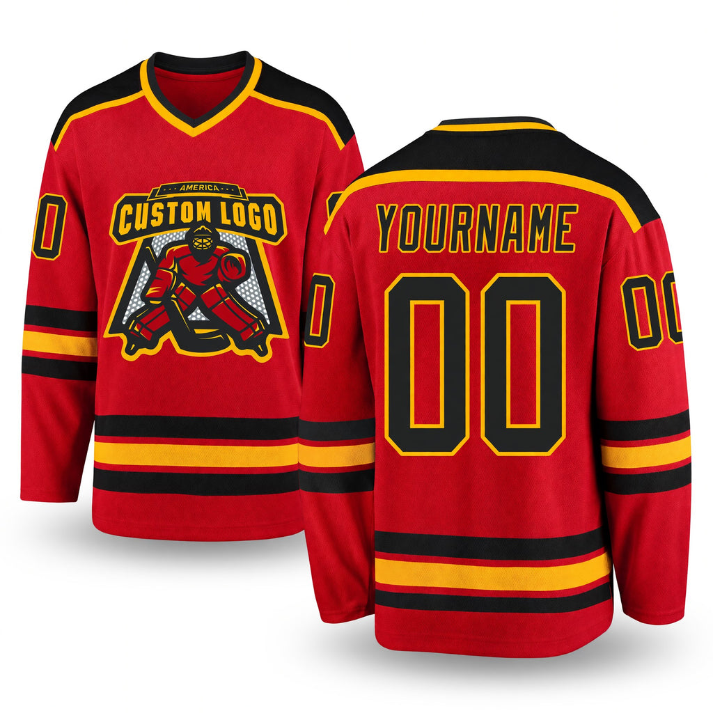 Custom Red Black-Gold Hockey Jersey