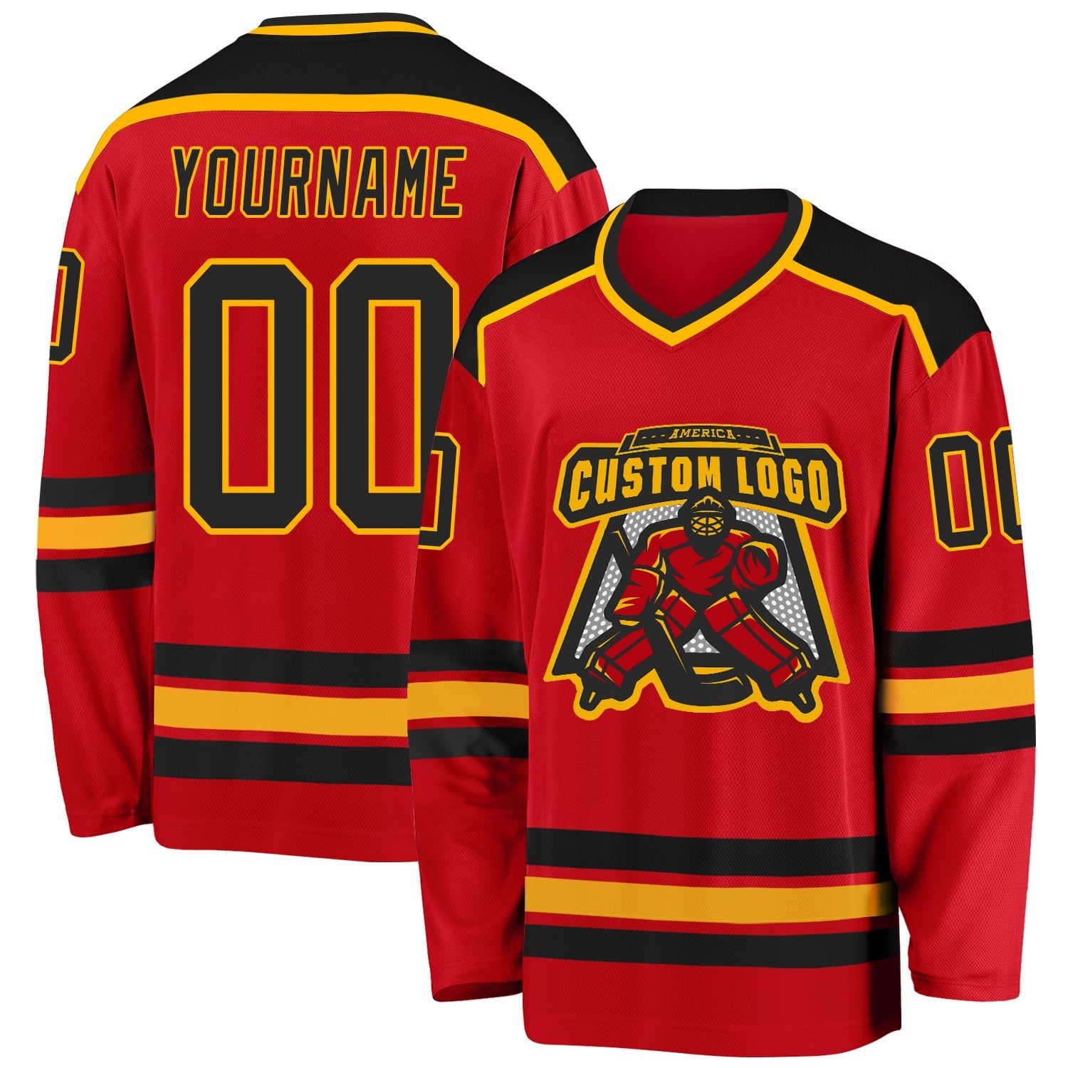 Custom Red Black-Gold Hockey Jersey photo 1