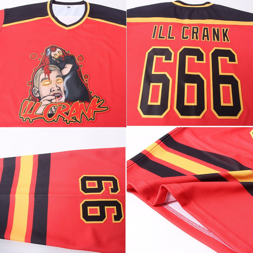 Custom Red Black-Gold Hockey Jersey photo 4