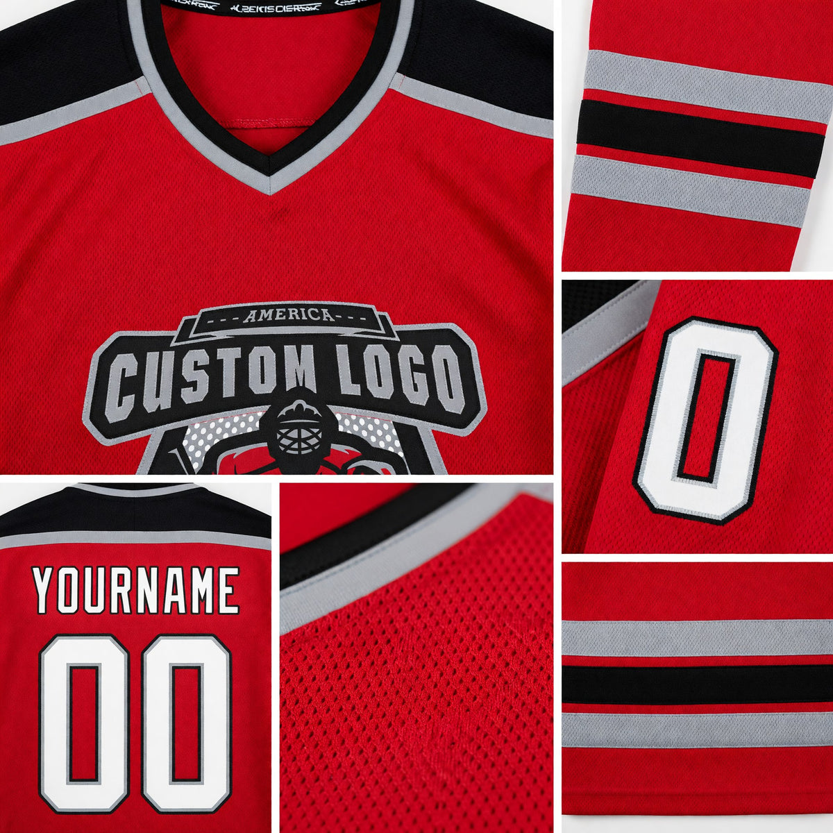 Custom Red White-Black Hockey Jersey detail