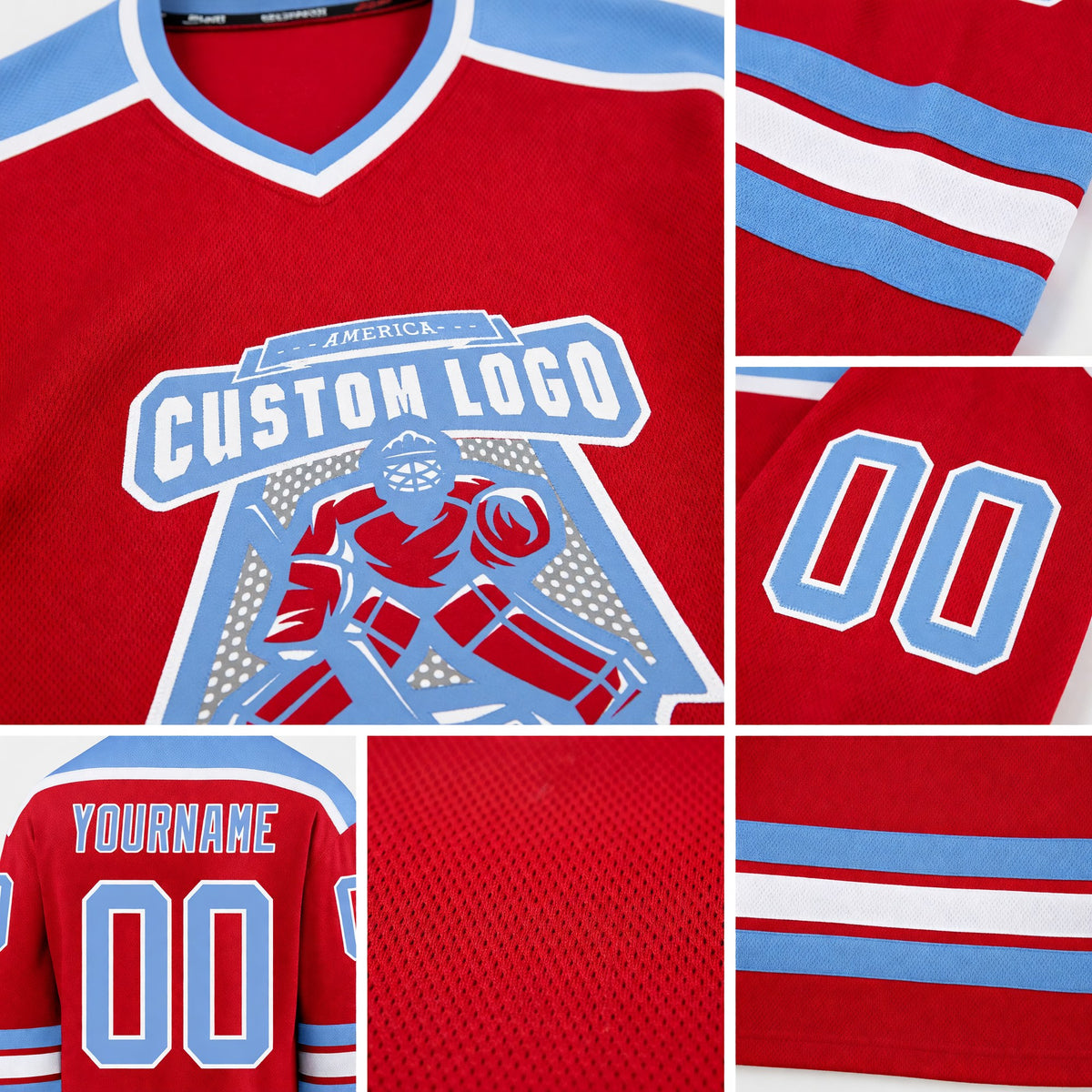 Custom Red Light Blue-White Hockey Jersey detail