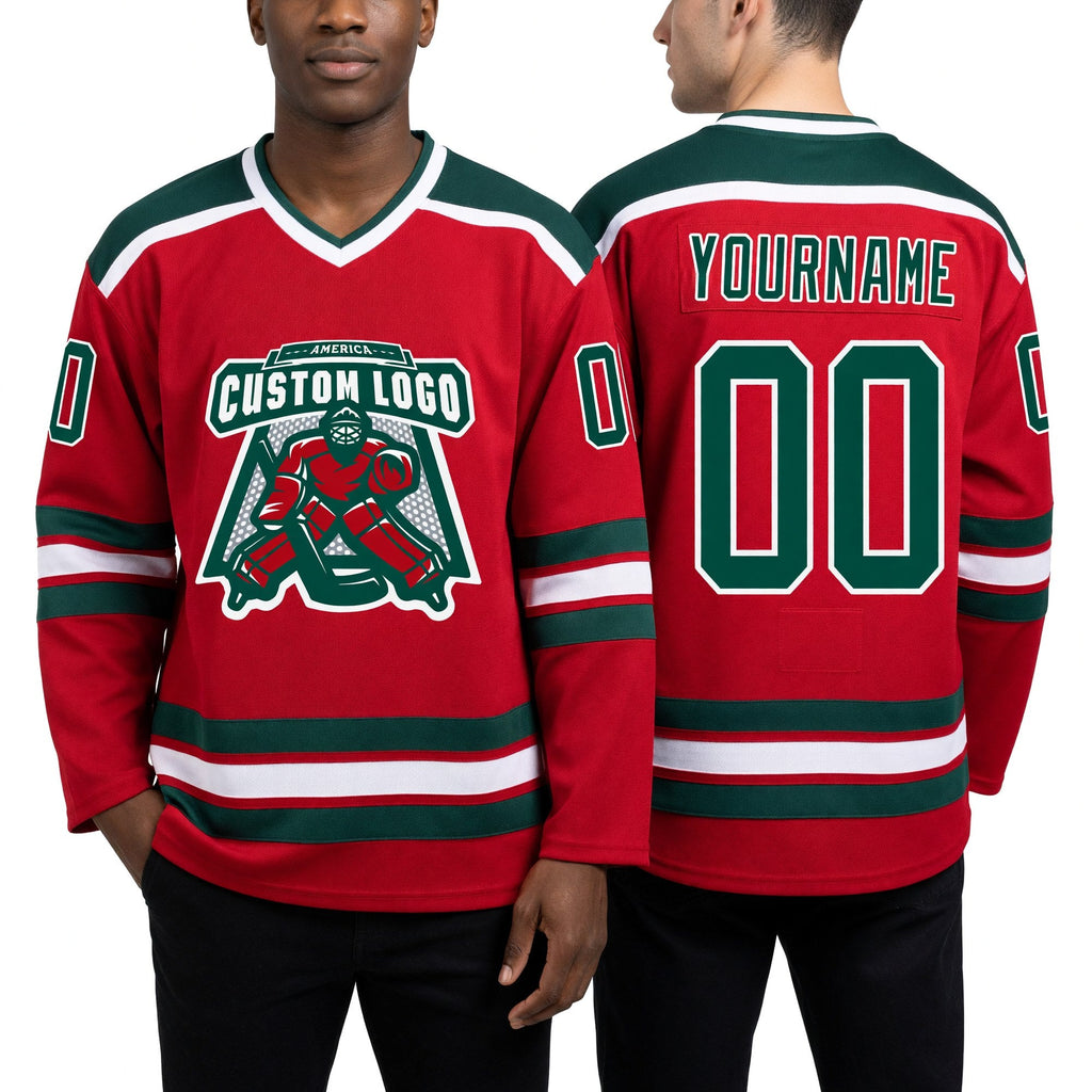 Custom Red Green-White Hockey Jersey worn front and back