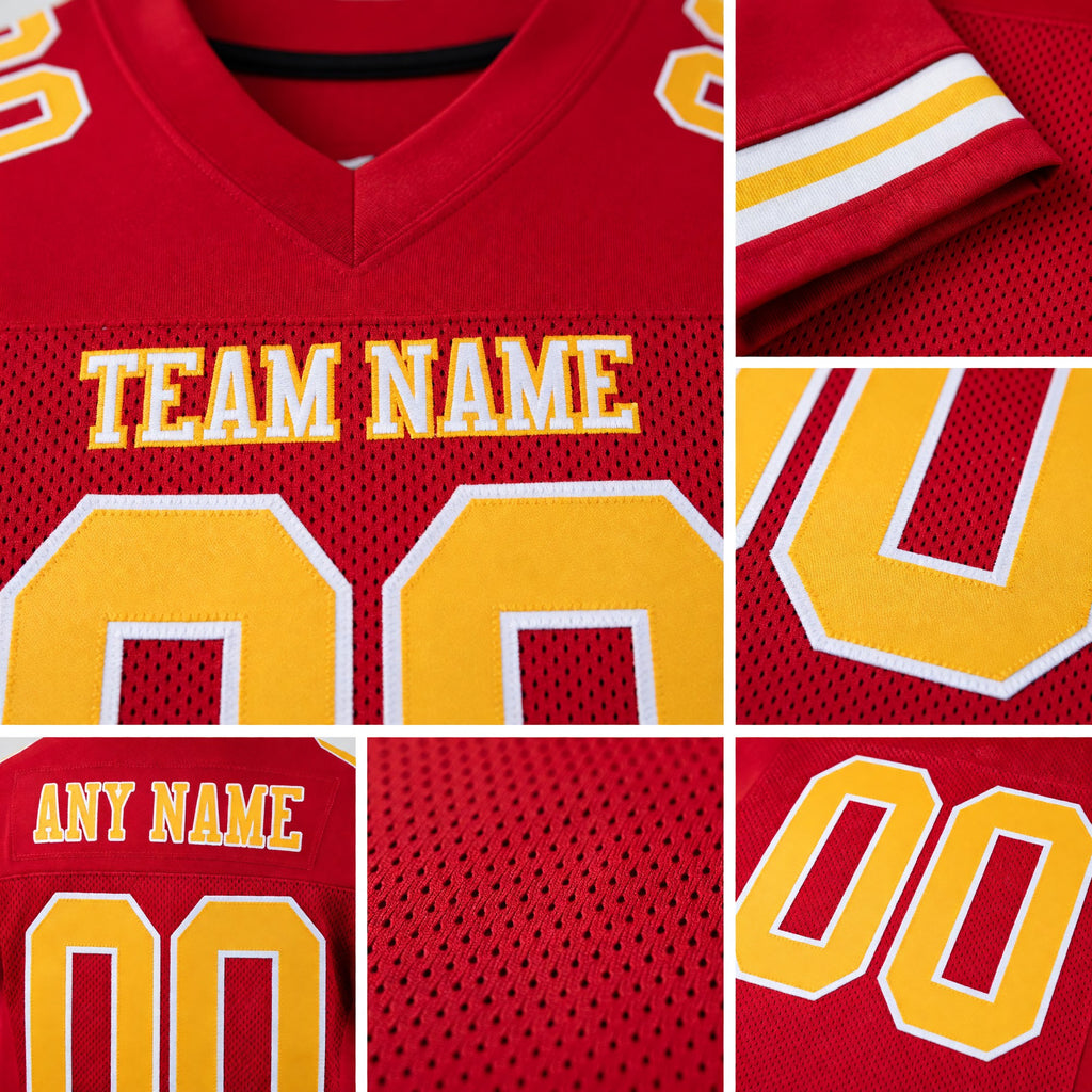 Custom Red Gold-White Mesh Authentic Football Jersey detail