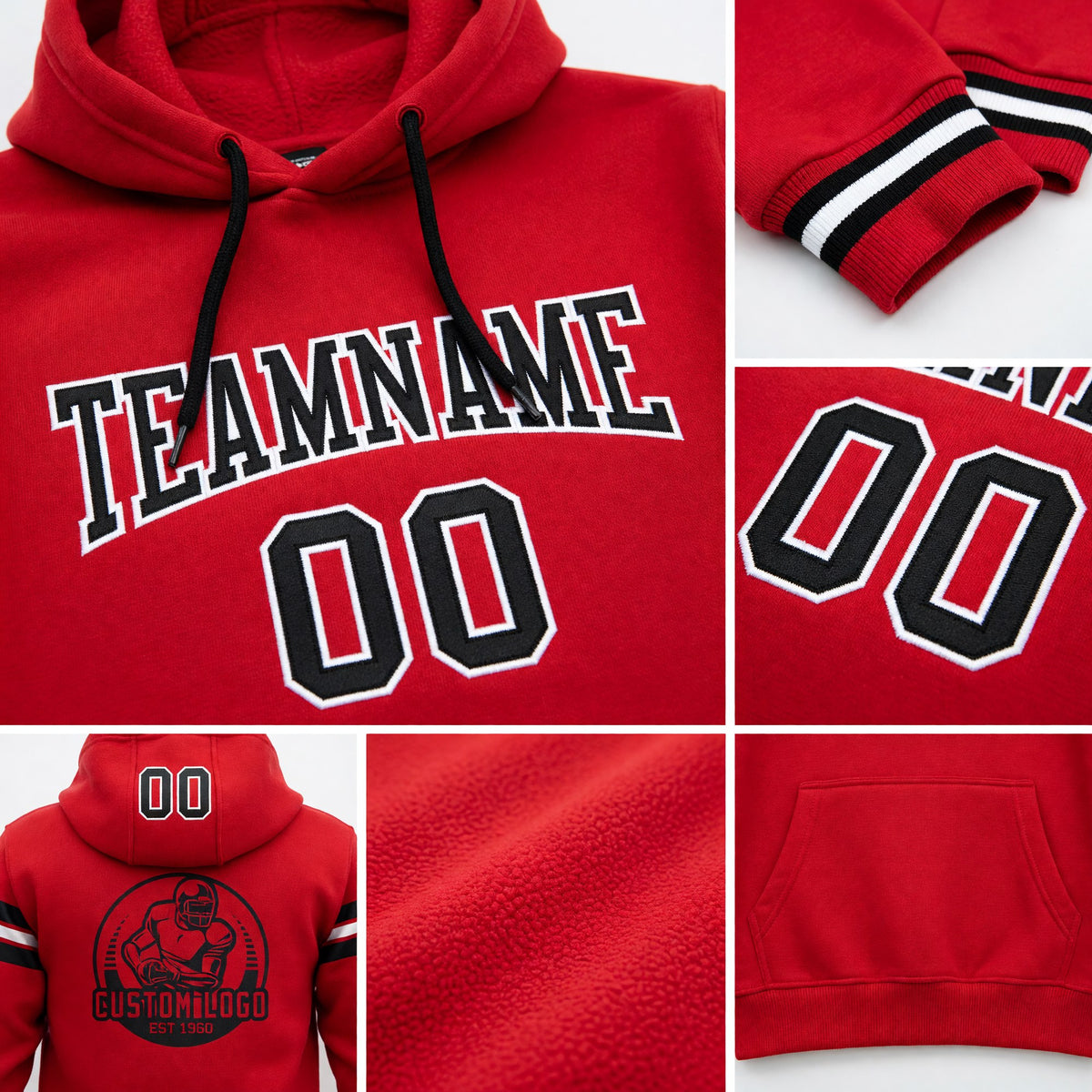 Custom Stitched Red Black-White Football Pullover Sweatshirt Hoodie detail