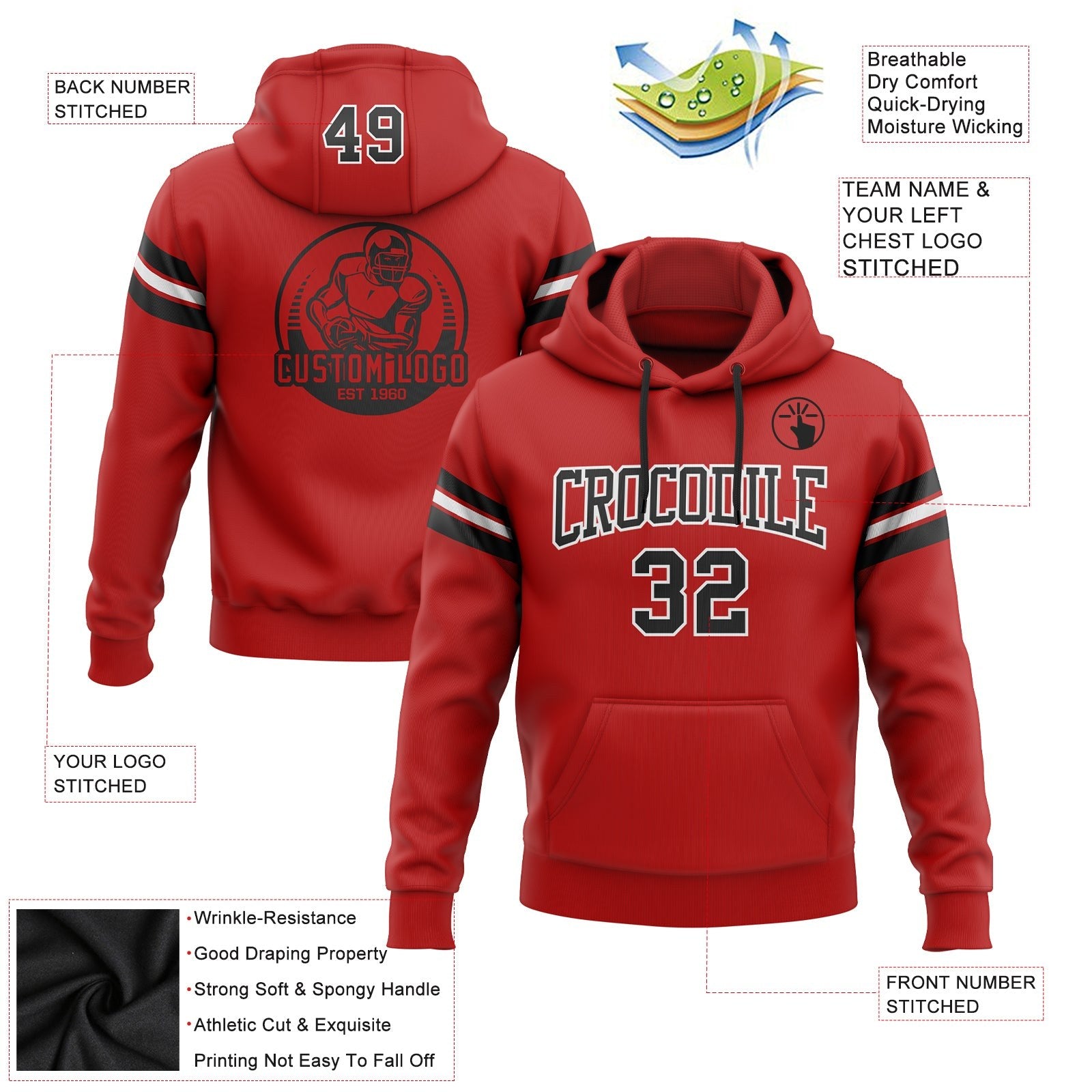 Custom Stitched Red Black-White Football Pullover Sweatshirt Hoodie photo 2