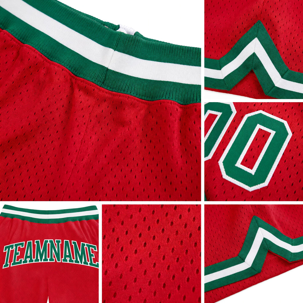 Custom Red Kelly Green-White Authentic Throwback Basketball Shorts detail