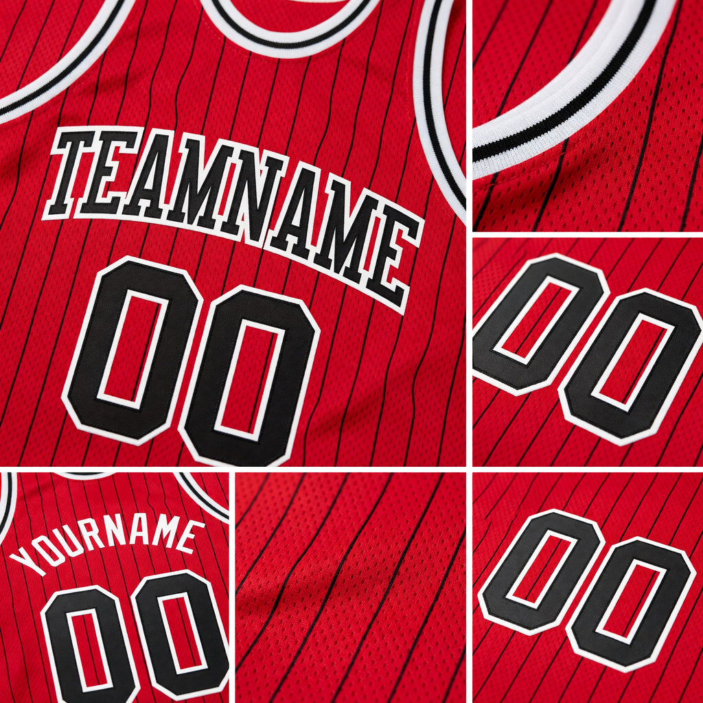 Custom Red Black Pinstripe Black-White Authentic Basketball Jersey detail