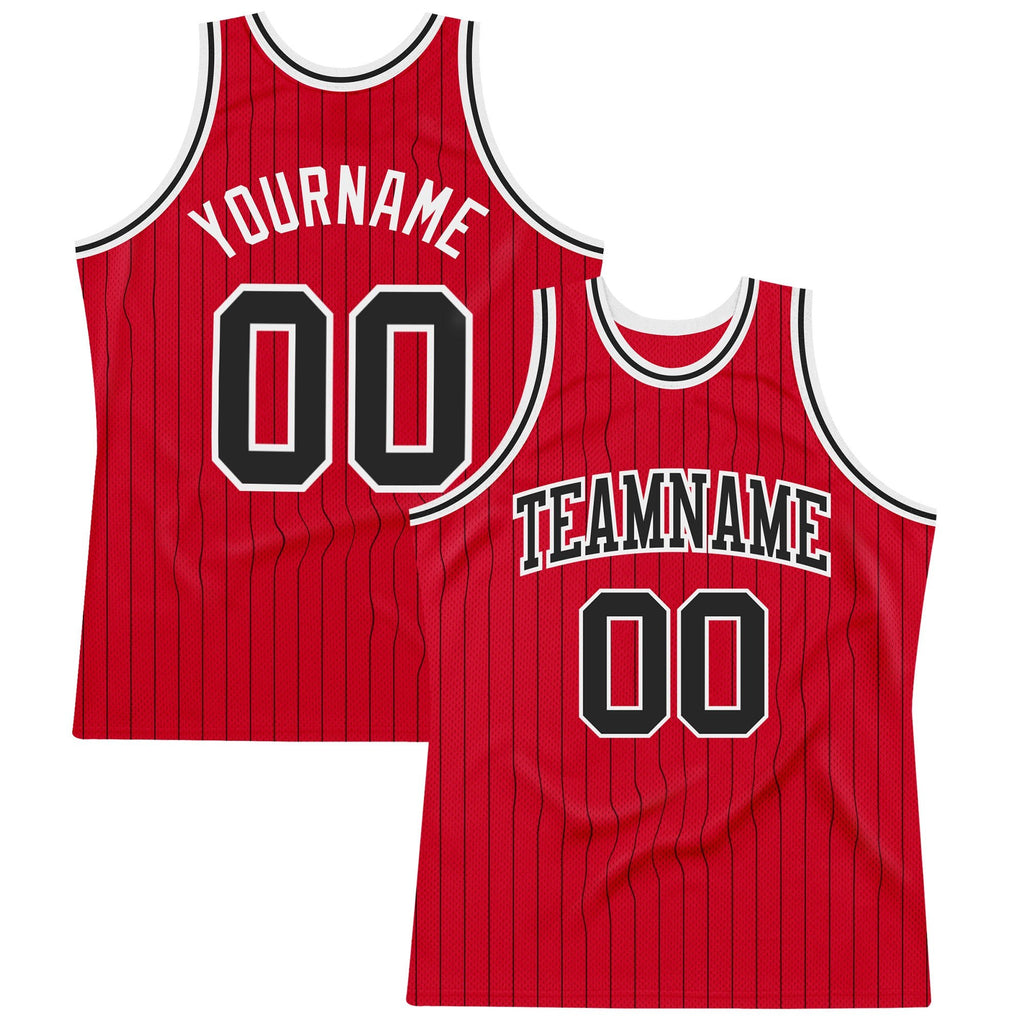 Custom Red Black Pinstripe Black-White Authentic Basketball Jersey photo 1