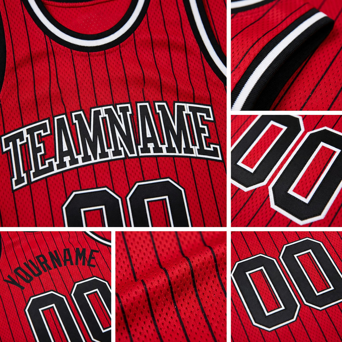 Custom Red Black Pinstripe Black-White Authentic Basketball Jersey detail