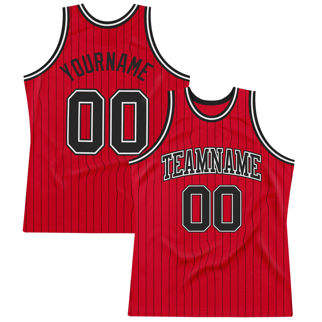 Custom Red Black Pinstripe Black-White Authentic Basketball Jersey photo 1