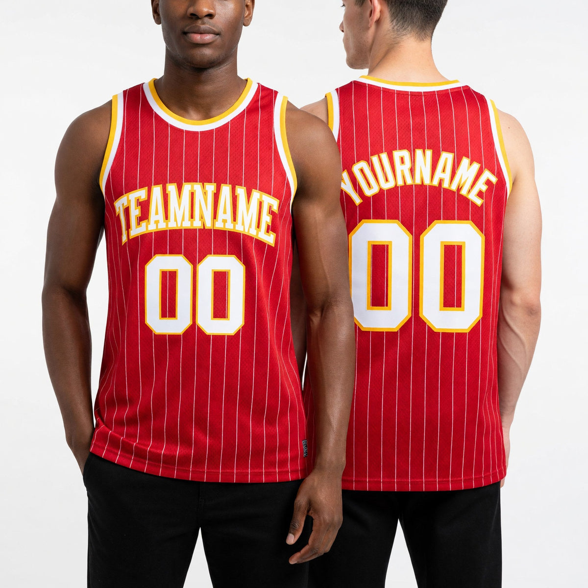 Custom Red White Pinstripe White-Gold Authentic Basketball Jersey worn front and back