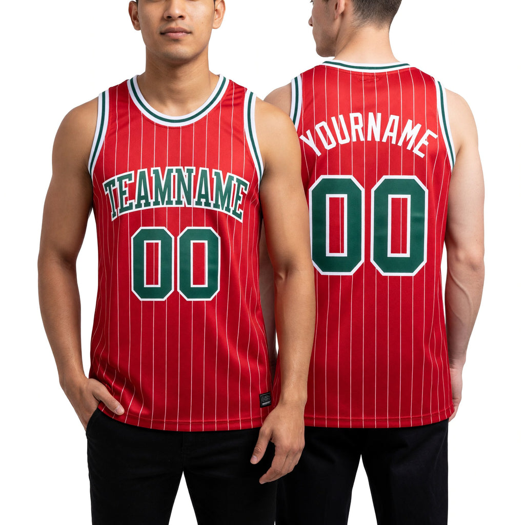 Custom Red White Pinstripe Kelly Green-White Authentic Basketball Jersey worn front and back