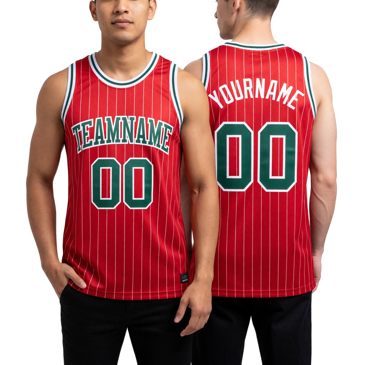 Custom Red White Pinstripe Kelly Green-White Authentic Basketball Jersey worn front and back