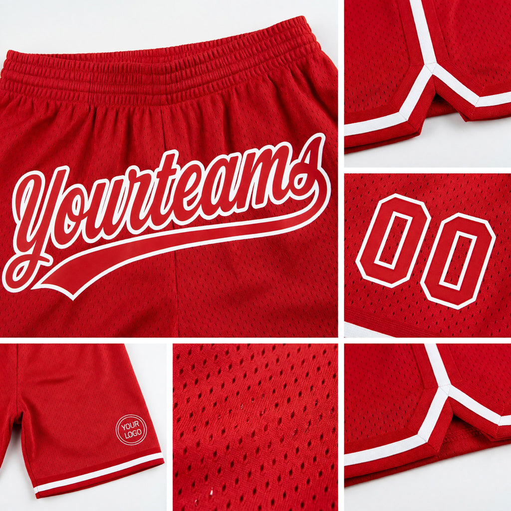Custom Red White Authentic Throwback Basketball Shorts detail