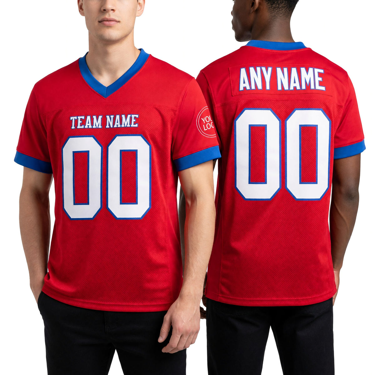 Custom Red White-Royal Mesh Authentic Football Jersey worn front and back