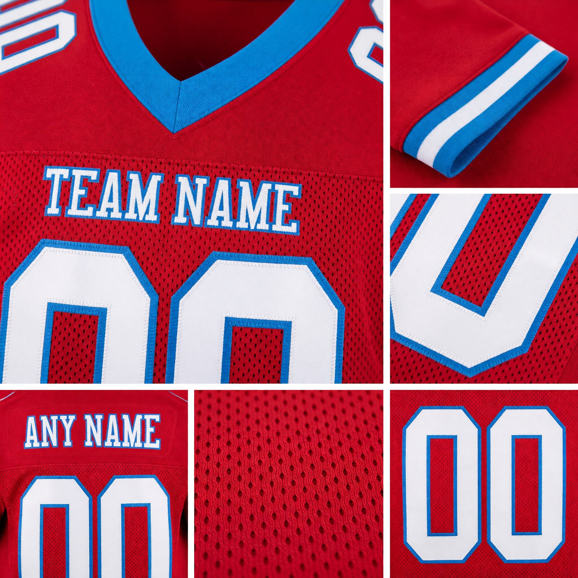 Custom Red White-Powder Blue Mesh Authentic Football Jersey detail